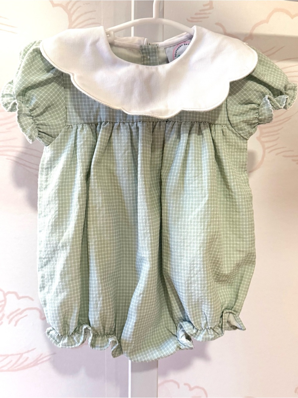 Southern Smoked Baby Girl Green Gingham Bubble Romper- 12 Months